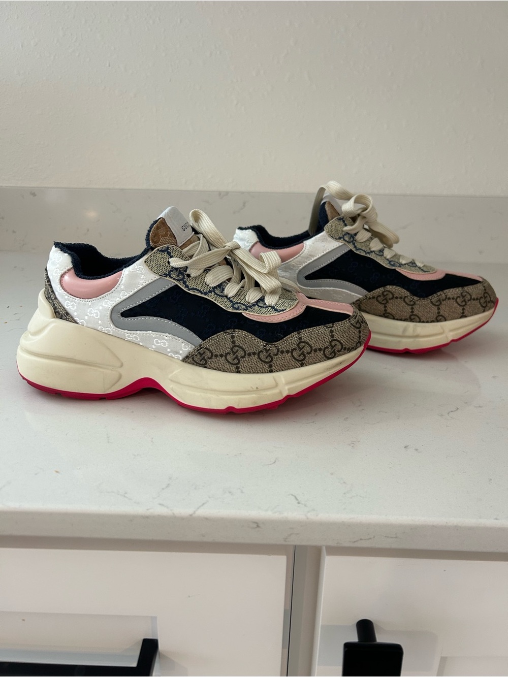 Gucci Beige Black Pink Leather & Monogram Platform Sneakers